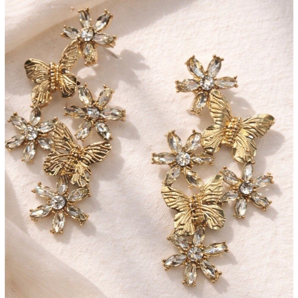 Vintage Gold Butterfly Flower Rhinestone Statement Earrings Floral Drop Dangle